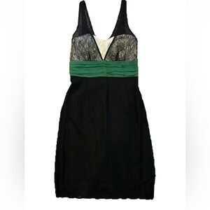 Anthropology Moulinette black lace dress with green ribbon waist. Size 4